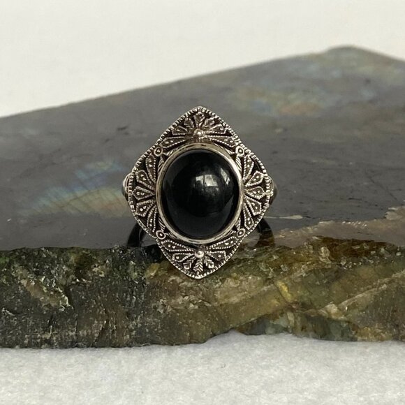 Sterling Silver 925 Thailand Scrollwork Filigree Oval Black Onyx Ring Sz 6.75 - Picture 2 of 16